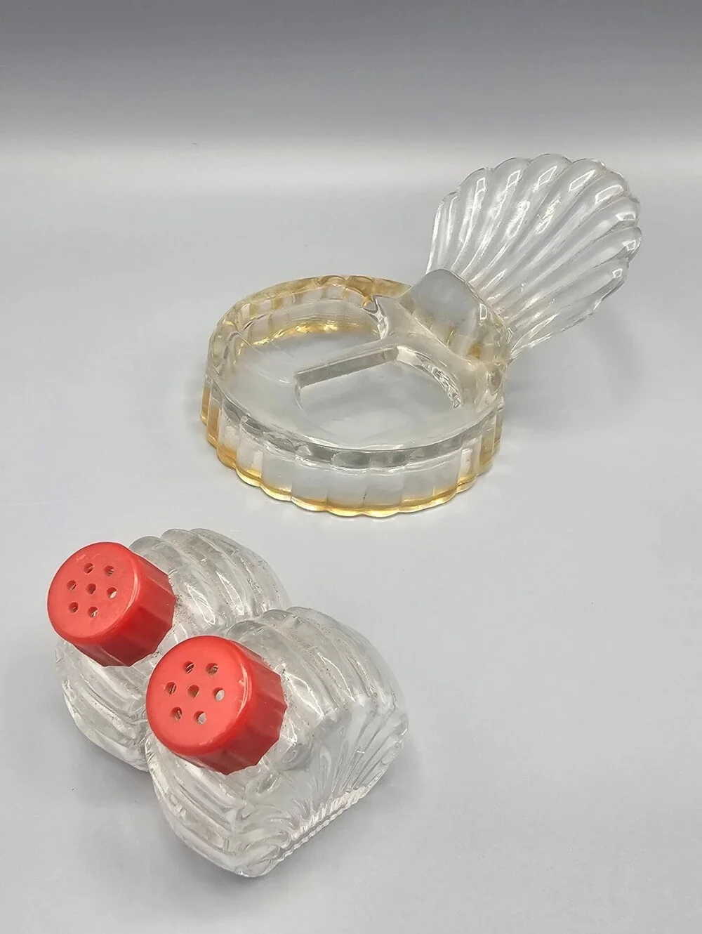 Vintage Glass Shell Shaped Salt and Pepper Shakers with Holder